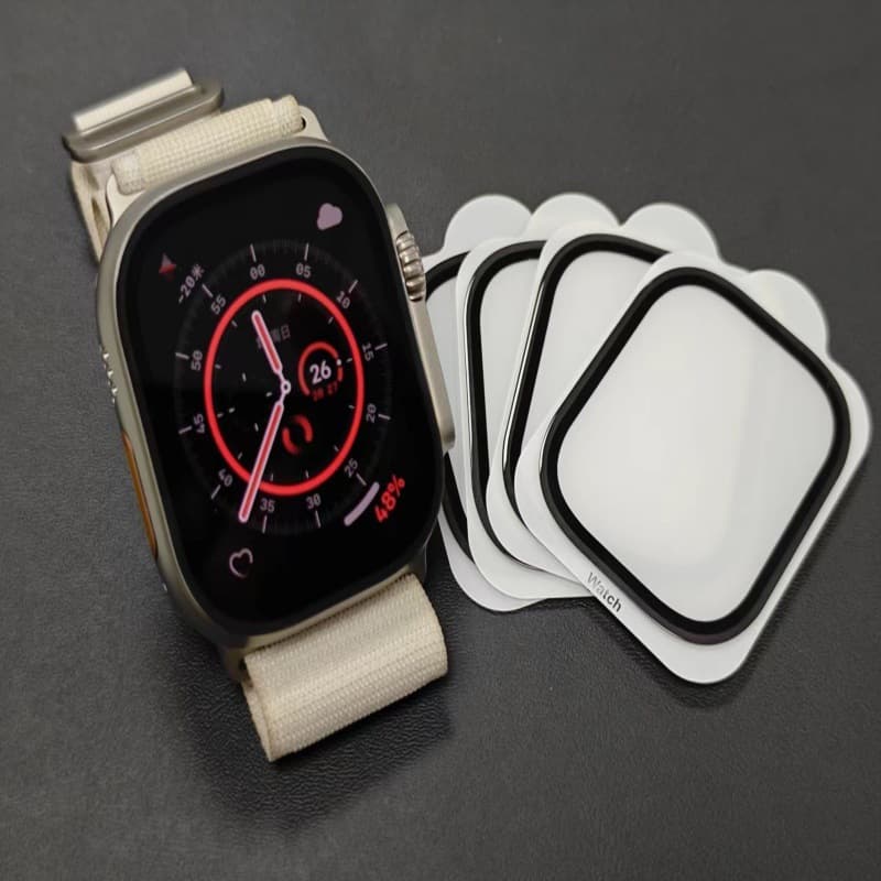 Compatible with Apple Watch 49 tempered glass screen protector, black-gray silk screen with base plate