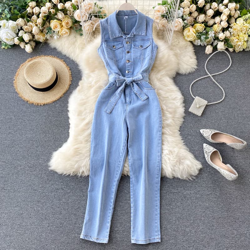 Cross-border Hong Kong style ins women's clothing Korean retro button tie waist slimming straight wide-leg denim jumpsuit