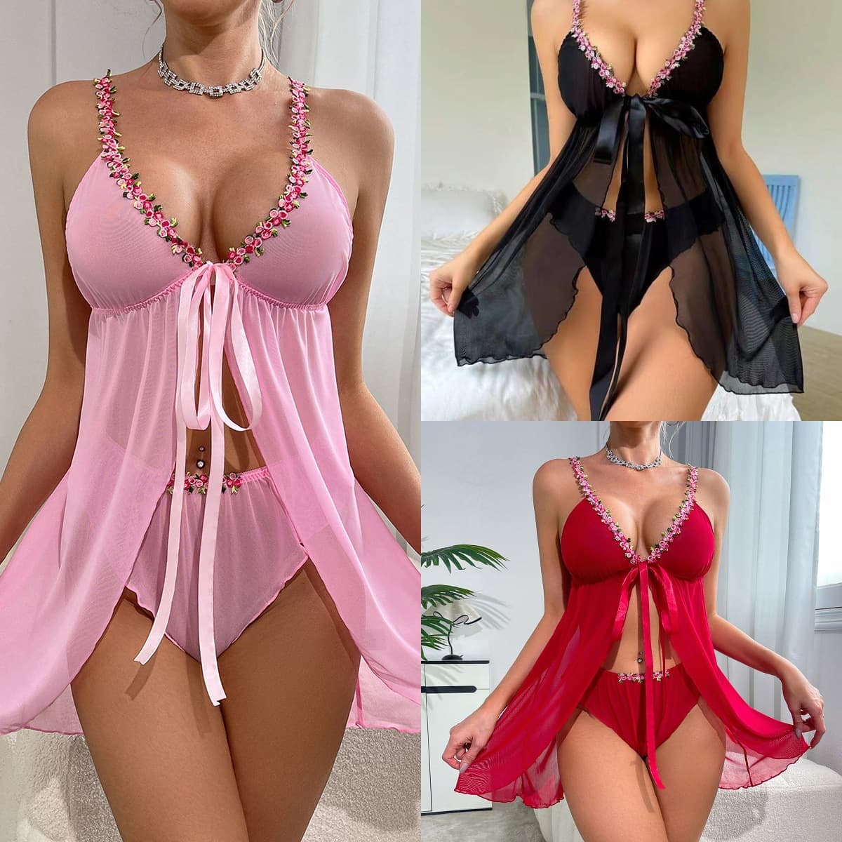 European and American Cross-Border New Women's Lingerie Sexy Mesh Small Flower Bow Tie Slit Chemise Set