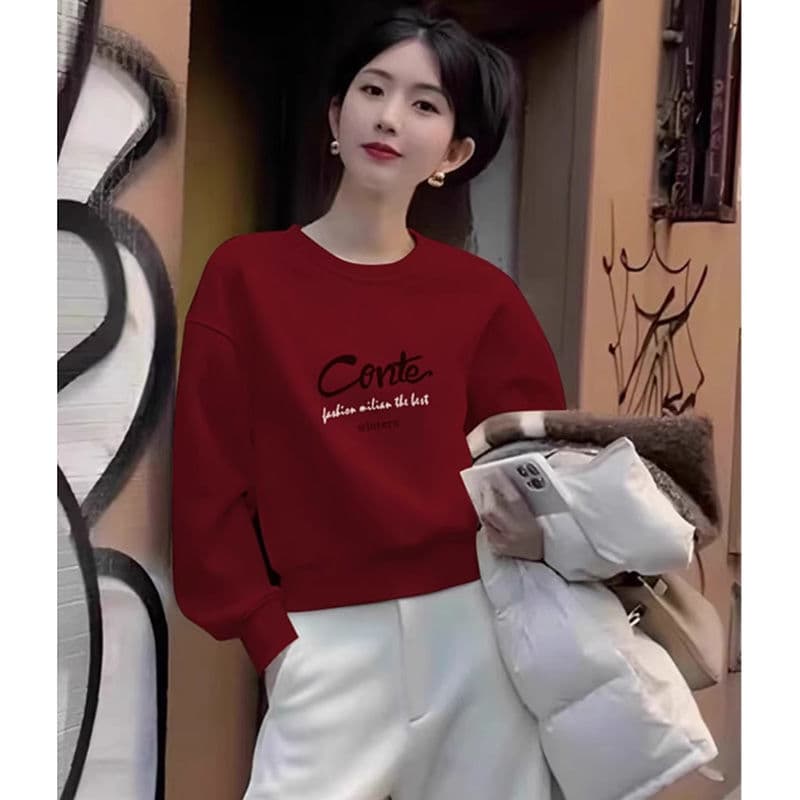 2026 New Style Hoodless Round Neck Sweatshirt for Women, Wine Red, Fleece-Lined, Petite Fit, Pullover Top
