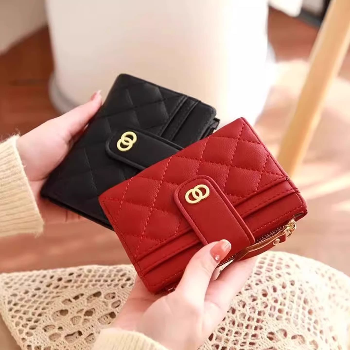 Classic Chanel-Style Women's Soft Leather Wallet, Fashionable Solid Color Card Holder with Multiple Card Slots, Multifunctional Money Clip and ID Card Case