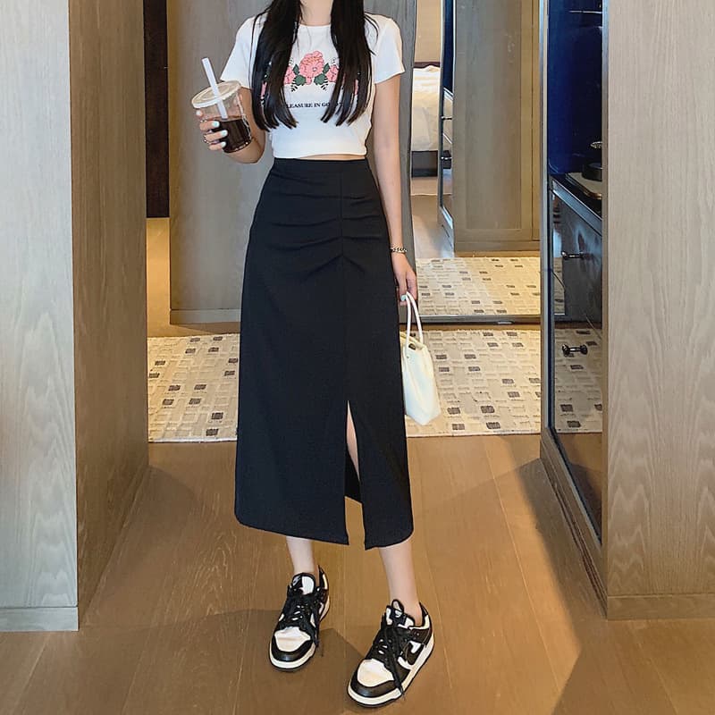 Designer Skirt for Women Early Autumn 2024 New High-Waist Mid-Length Pleated Split A-Line Slim Fit Bodycon Skirt