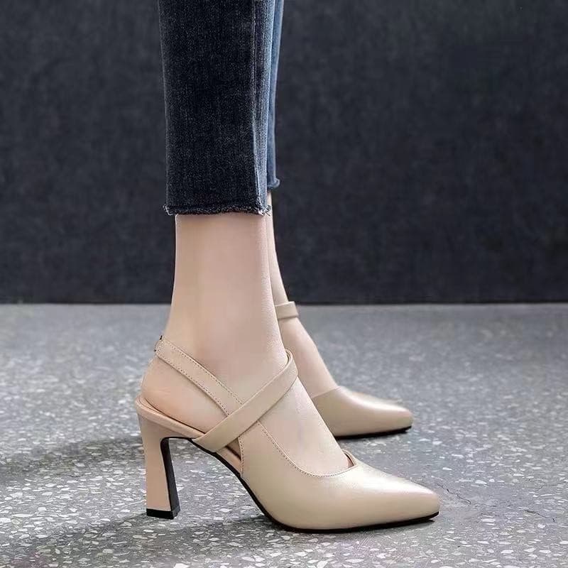 Summer Soft Leather High Heels Women's Pointed Toe Casual Versatile Slip-On Elastic Band High Heeled Sandals Comfortable Rubber Sole