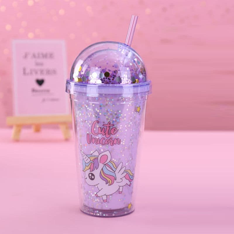 New Summer Ice Cup Cartoon Glitter Plastic Cold Drink Cup for Iced Beverages, Juice, Straw Cup