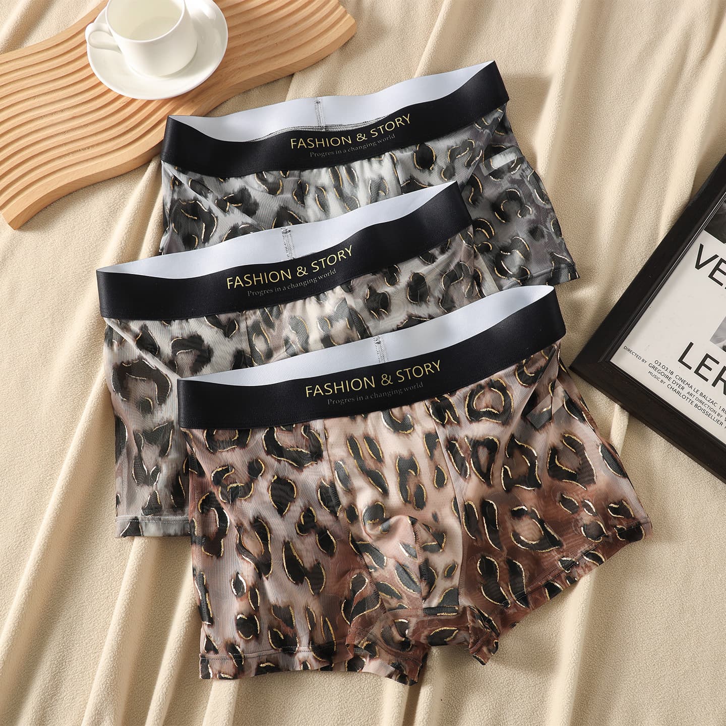 Leopard Print Men's Underwear Ice Silk Mesh Fashion Sexy High Elasticity Boxer Briefs Personality Youth Four-Corner Pants