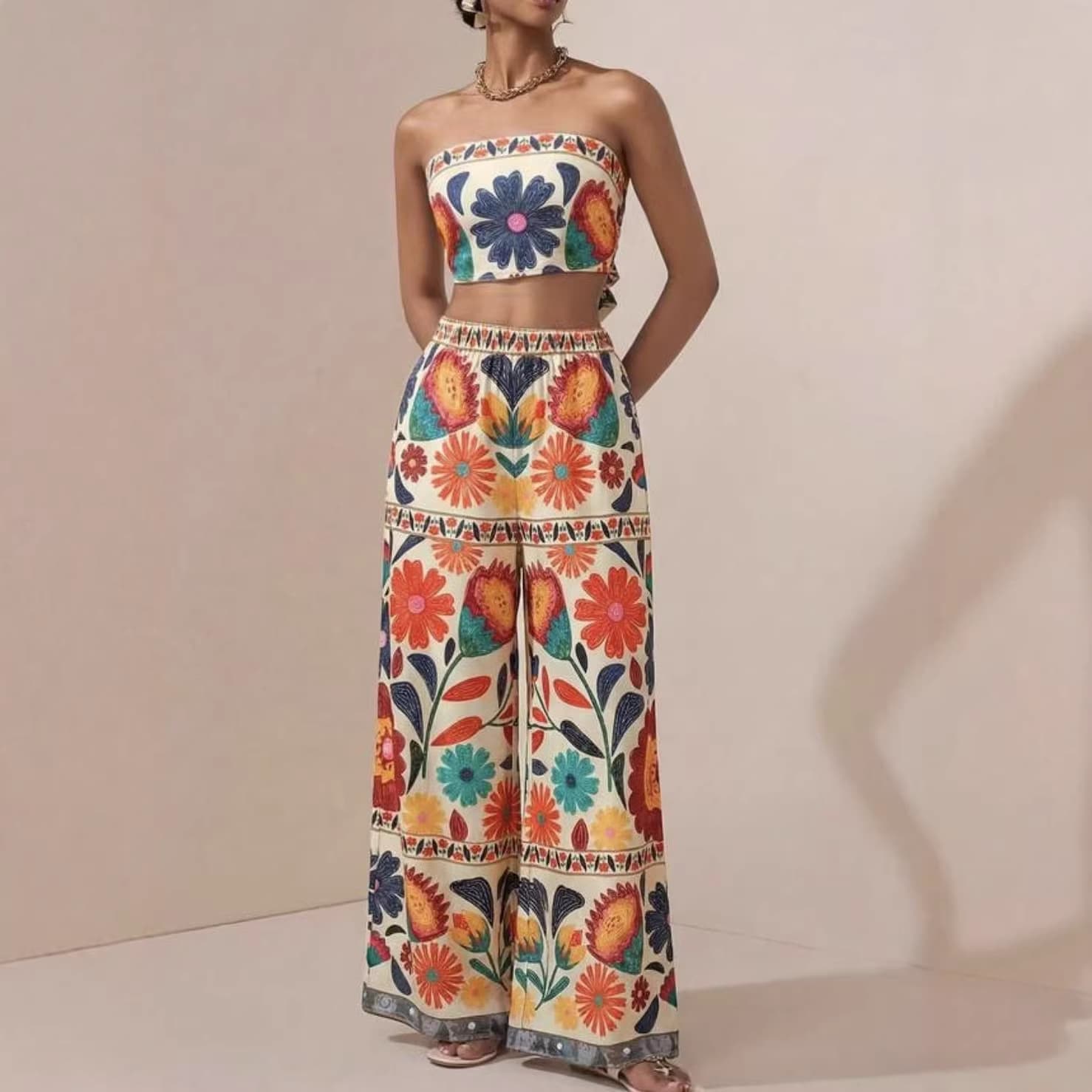 Cross-border Amazon 2026 Summer New Bohemian Print Tube Top and Pants Women's Set