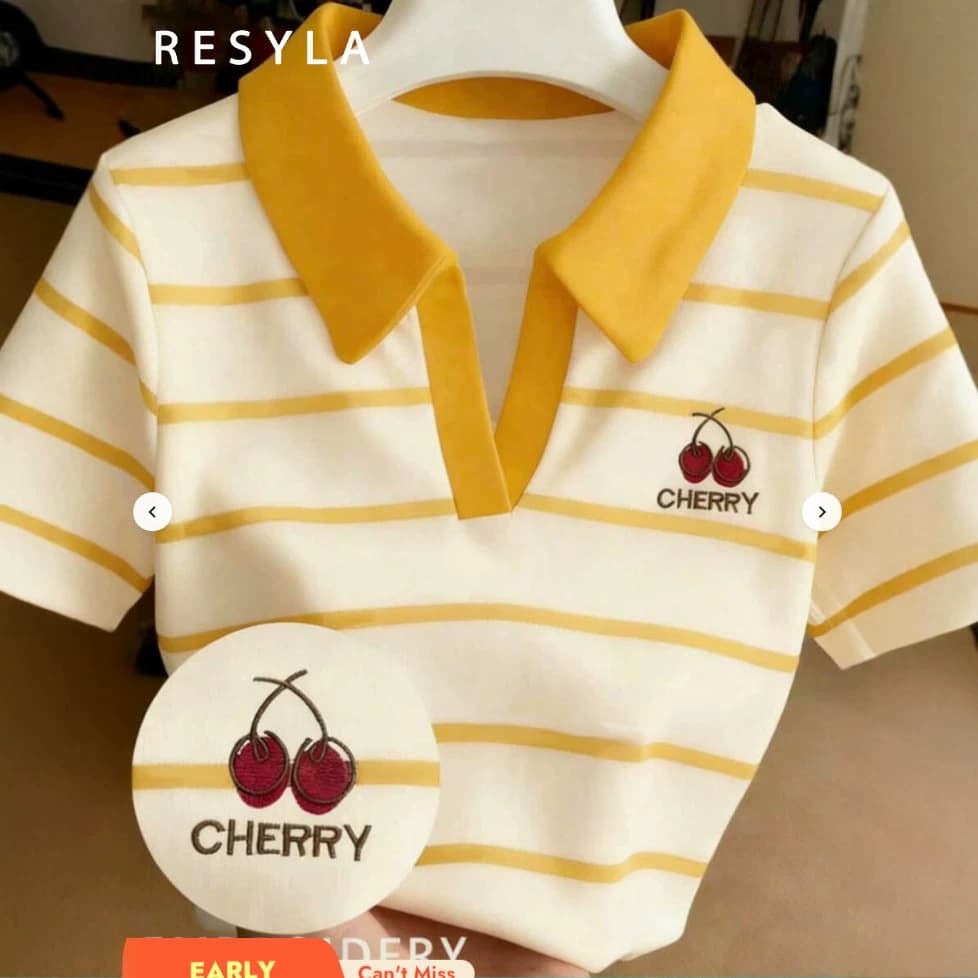 Factory Direct Digital Print Cherry Yellow and White Striped T-Shirt for Women, Contrast Color Lapel V-Neckline, Slim Fit Short Sleeve Wholesale