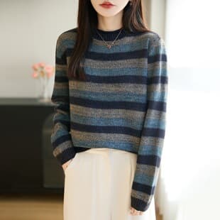Cotton Yarn Slub Retro Contrast Stripe Sweater Women's Autumn Winter New Loose Fit Slimming Knit Base Top