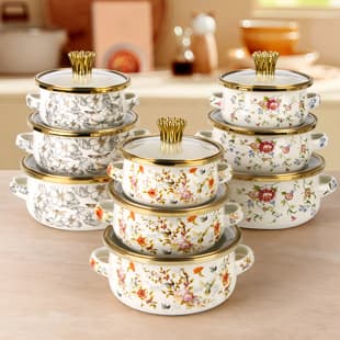 Thickened 3-Piece Double-Handled Enamel Pot, Enamel Soup Pot, Double-Handled Mini Enamel Pot for Hot Pot and Baby Food