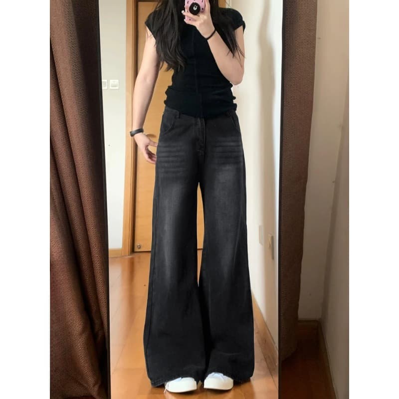 Black-Gray Wide-Leg Jeans for Women Summer New High-Waist Loose Plus Size Slimming for Pear-Shaped Body Straight-Leg Pants