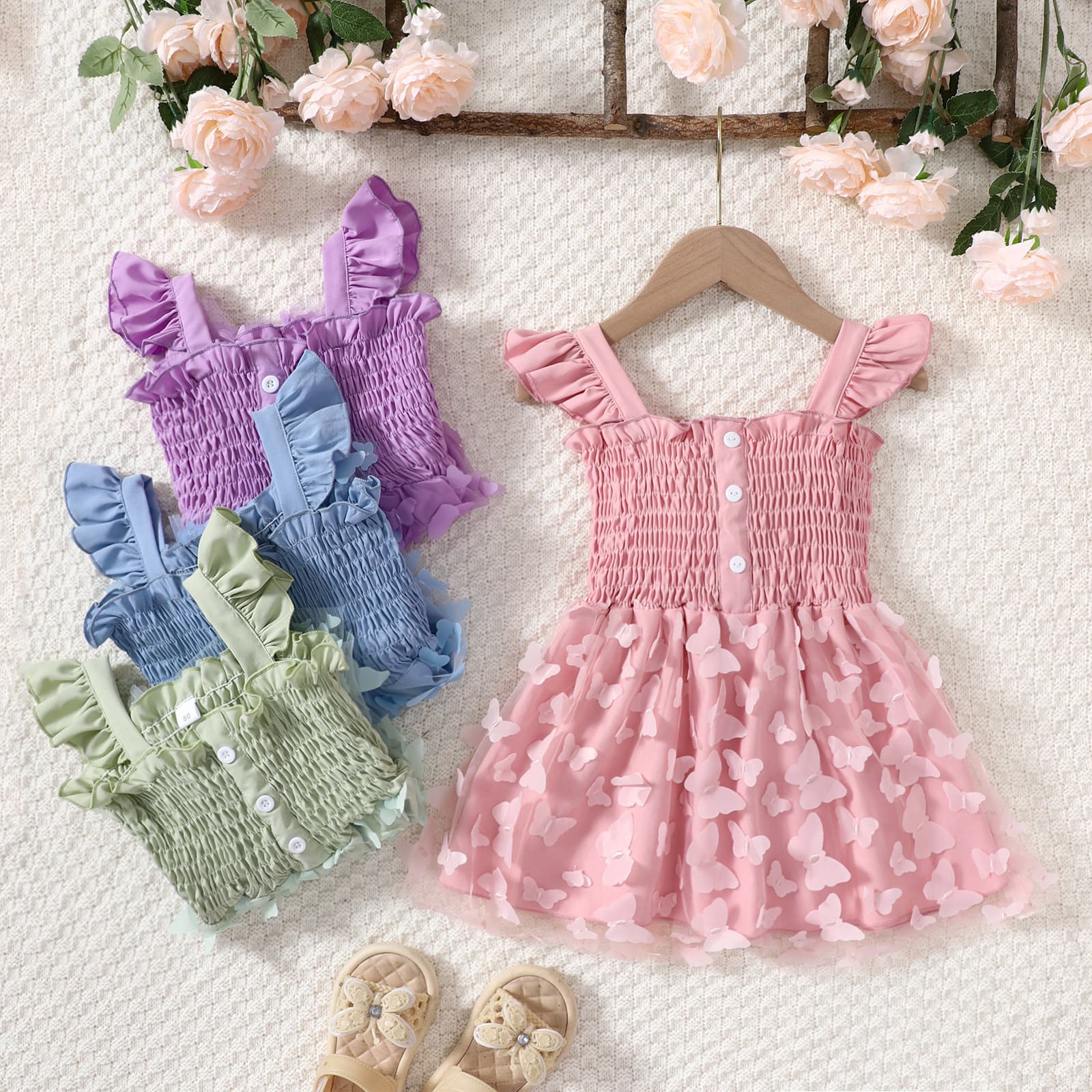 Ins-Style Summer Youthful Girls Butterfly Mesh Spliced Shirred Strap Princess Dress, Multiple Colors Available