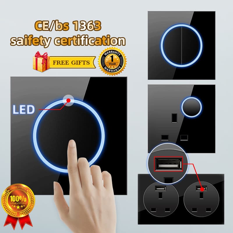 Wall socket universal 3-hole socket dimming electric light wall switch glass panel LED indicator light G12 black