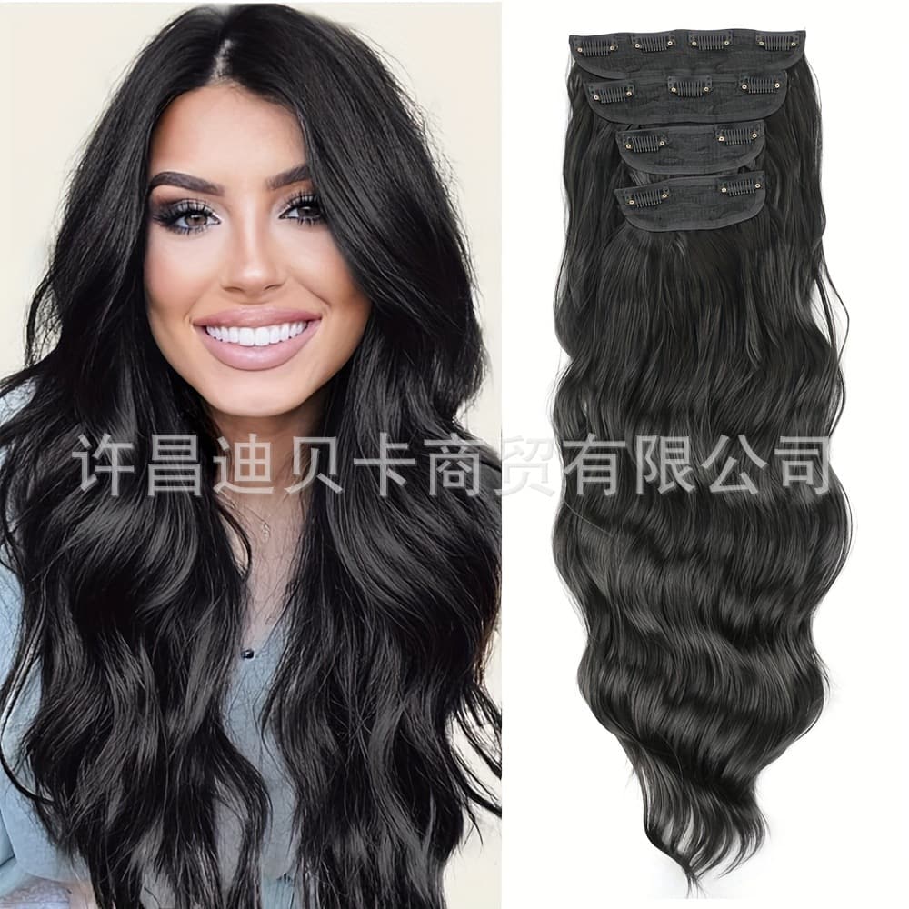 European and American Foreign Trade Water Ripple Hair Extensions Four-Piece Set Chemical Fiber Clip Hair Invisible Hair Extension Curly Hair Curtain Big Waves