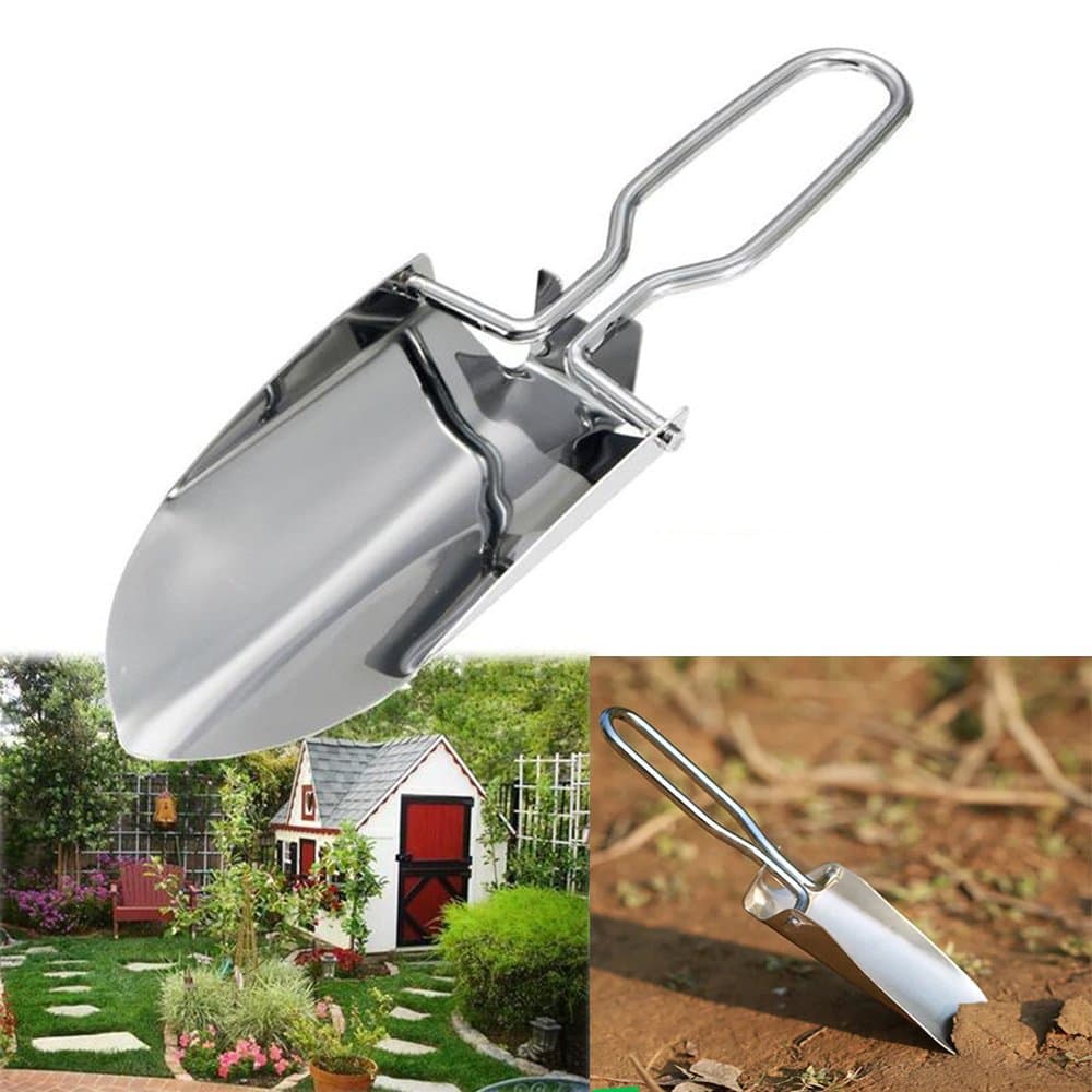 Folding Stainless Steel Garden Shovel Lawn Care Tools Digging Spade Steel Handle Lightweight Portable Green Thumb Gardening