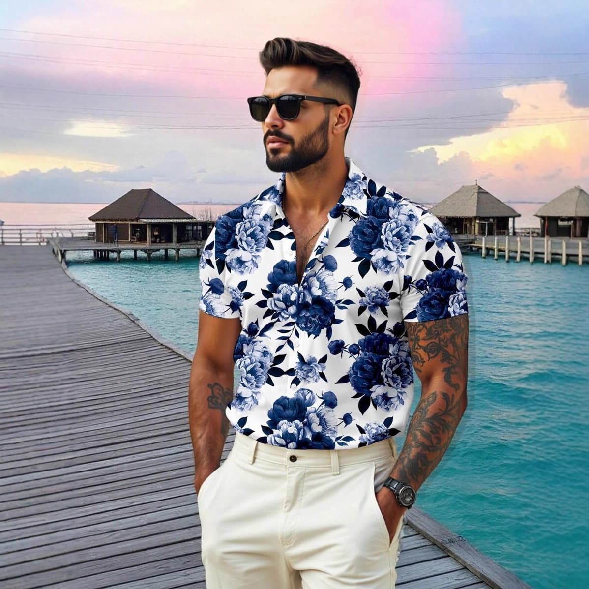 Amazon Men's Short Sleeve 3D Print Button Casual Vacation Summer Striped Novelty Short Sleeve Shirt