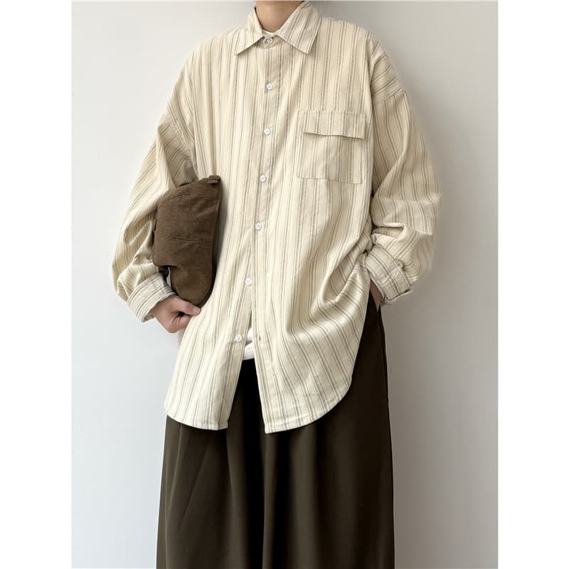 Spring and Summer Drape Stripe Shirt for Men, Long Sleeve, Japanese Retro Loose Casual Shirt, Trendy Versatile Rogue Style Jacket