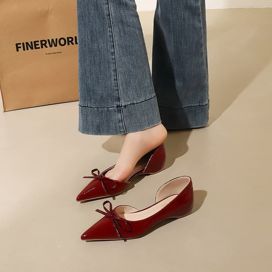 532-H150 European and American Style Bow Decoration Pointed Wedge Heel Slip-On Side Cutout Low Heel Office Shoes for Women