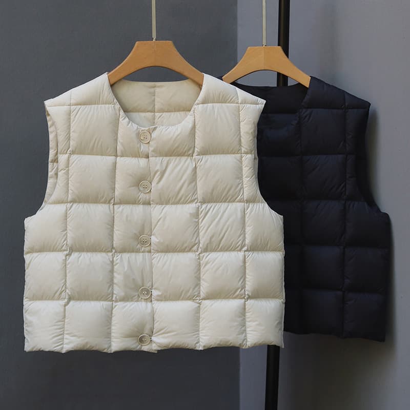 Round Neck Checkered Fashion Short Stylish White Duck Down Vest Sleeveless Shoulder Vest Autumn Winter New Outerwear for Women