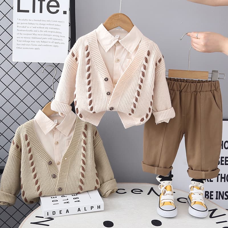Boys Spring and Autumn Outfit Set 2025 New Casual Baby Fall Sweater Cardigan 3-Piece Set Stylish Infant Clothes