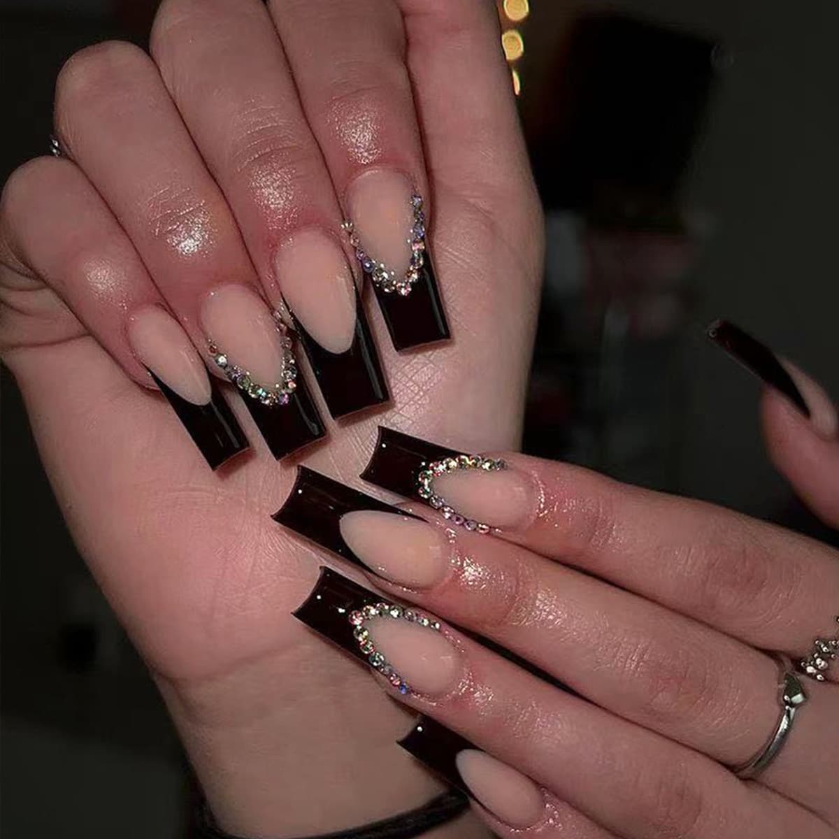 European and American Style Long-Lasting Nail Tips Black French Side Rhinestone Water Pipe Nail Art Black Side French Full Diamond Nail Tips