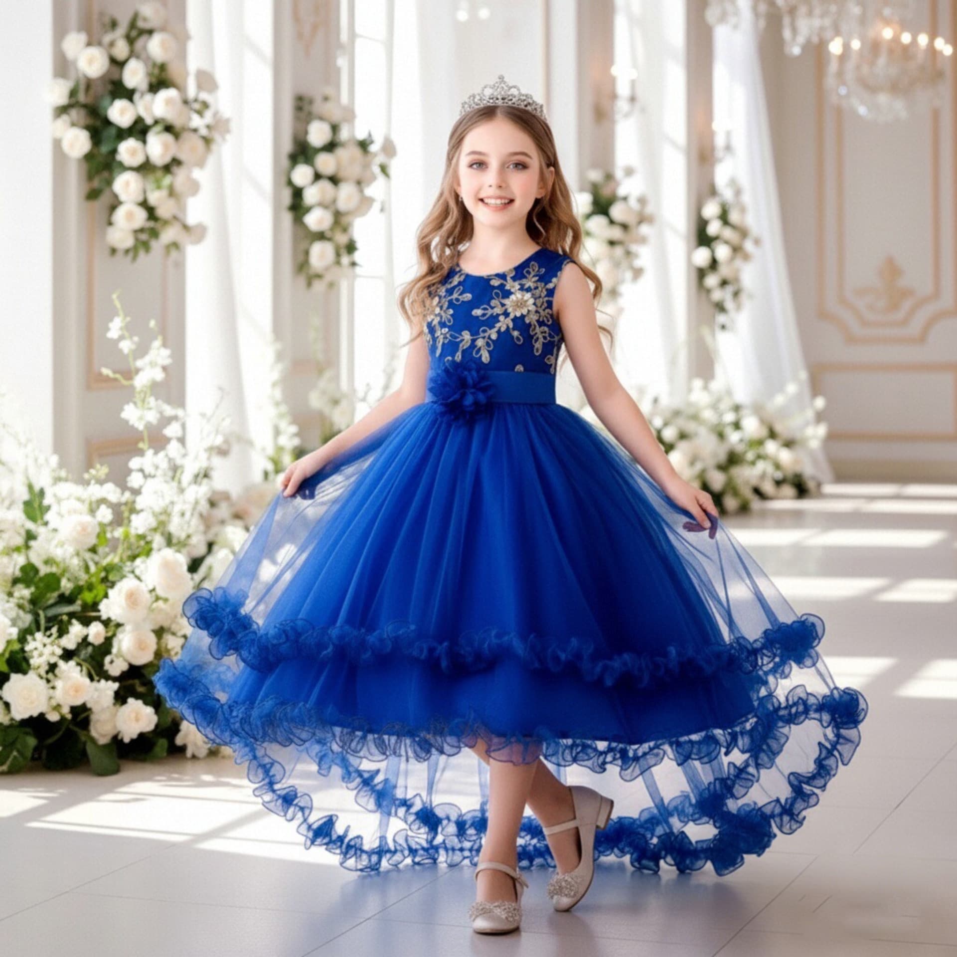 Children's Tulle Dress with Gold Foil and Embroidery, Wedding Flower Girl Puffy Dress, Formal Gown for Big Kids