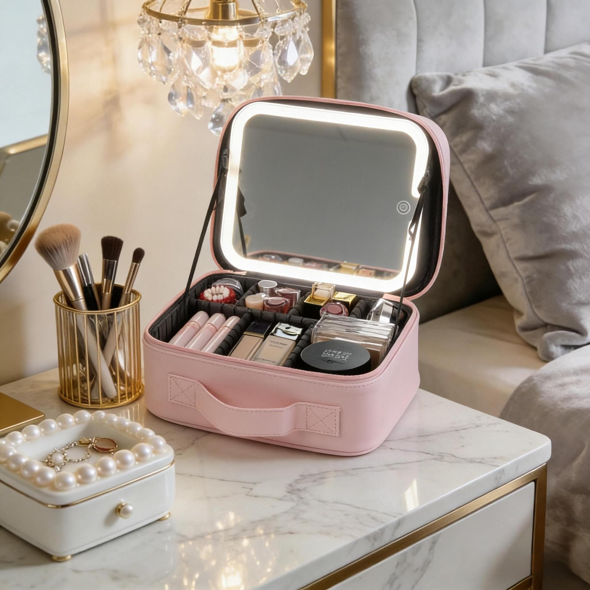 Makeup Case with LED Light Strip Mirror Portable Travel Storage Bag Professional Makeup Artist Large Capacity Cosmetic Bag Custom
