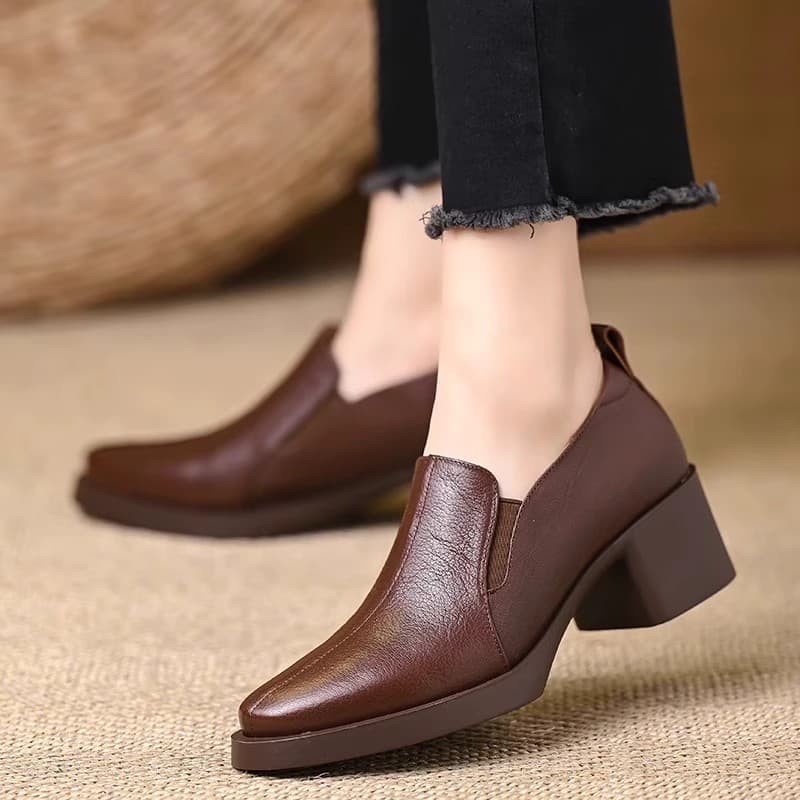Deep-mouth Slip-on Leather Shoes for Women 2025 New Autumn Chunky Heel High Heel Loafers Soft Sole