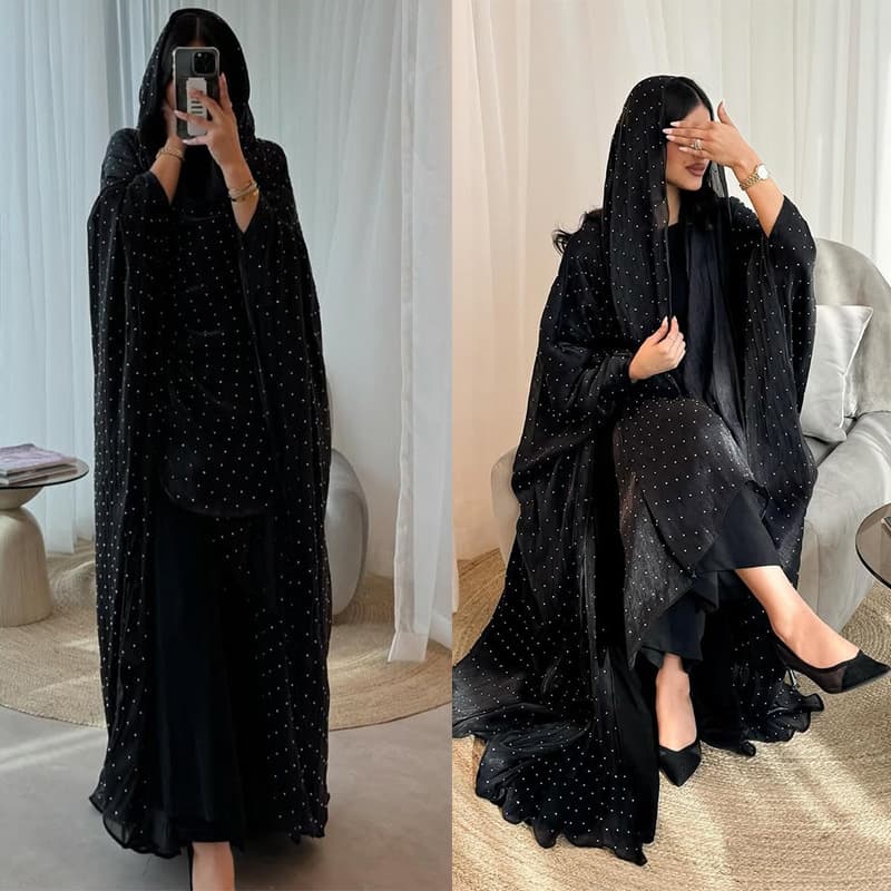 MQ197 2026 Summer New Modest Cross-Border Rhinestone Fabric Long Dress Jacket with Headscarf Two-Piece Set Outerwear