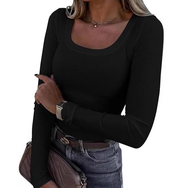 2025 Women's Long Sleeve Low Round Neck Ribbed Knit Slim Fit Casual Top T-Shirt Slim Basic Shirt