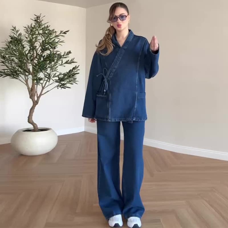 2026 New Women's V-Neck Loose Fashion Long Pants with Tie Denim Set for Amazon Cross-Border Trade in Europe and America