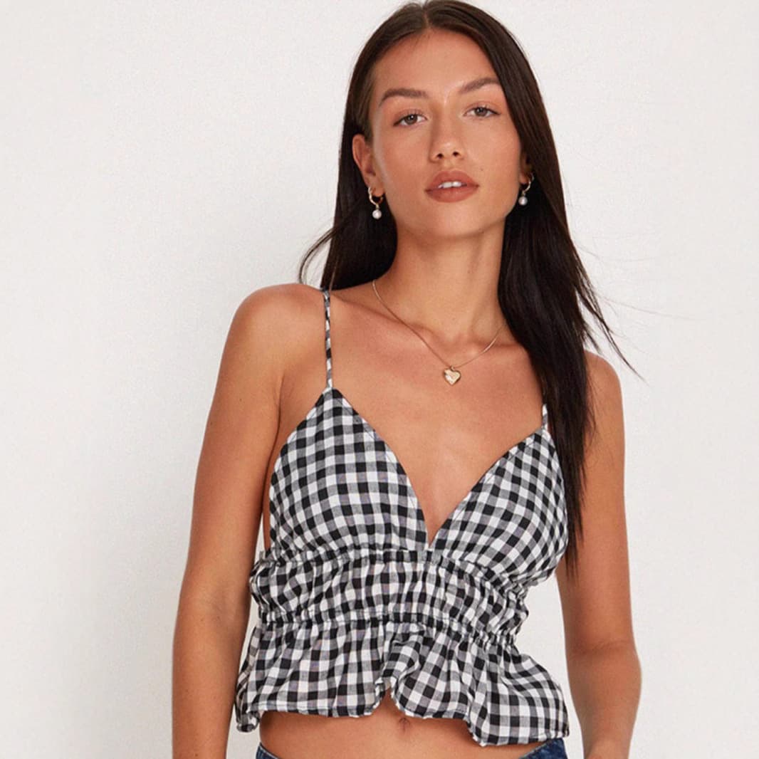 Korean Retro Sweet Girl Plaid Camisole Vest Women Summer Fashionable Butterfly Design Pleated Cropped Top