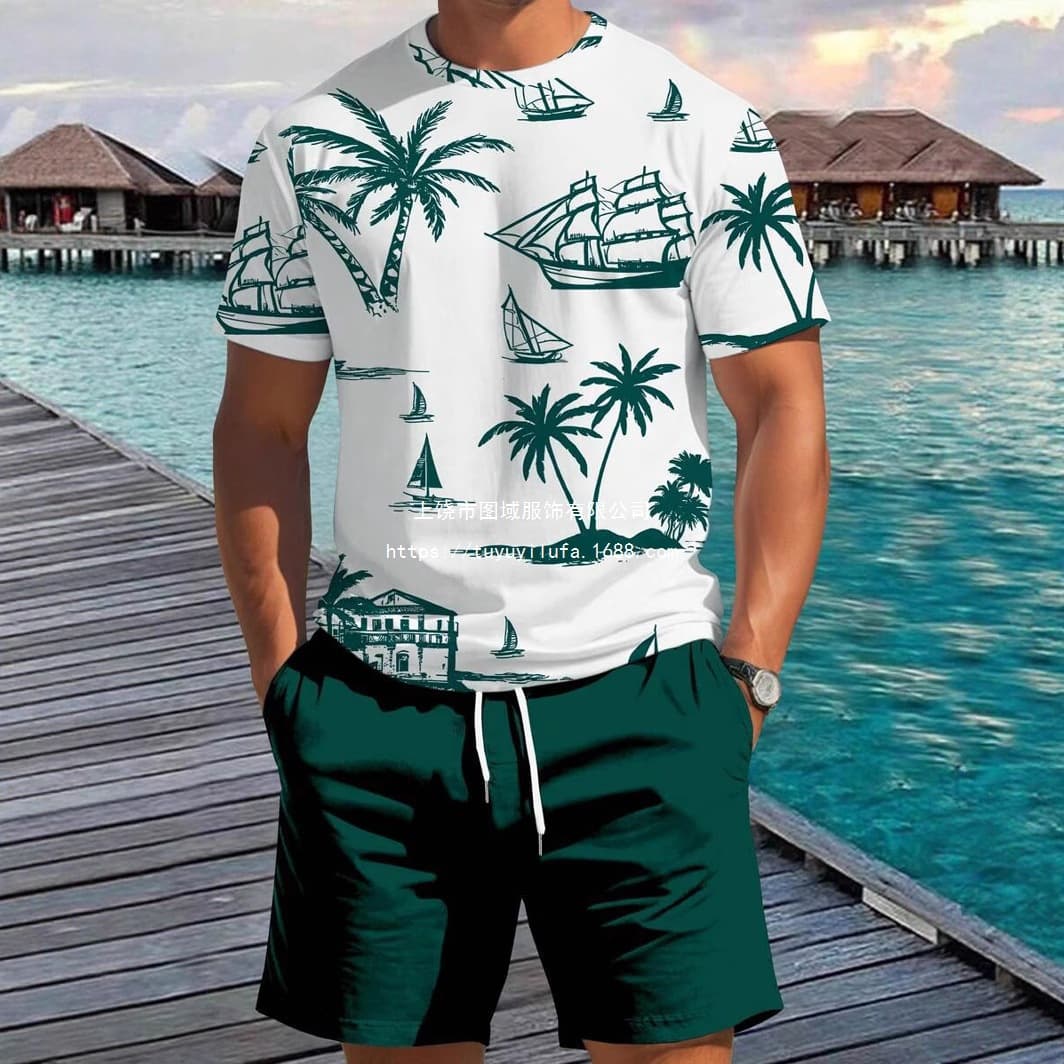 2026 Men's Printed Casual Vacation New Summer Beach Coconut Tree Short Sleeve Shorts Cross-Border EU Size In Stock