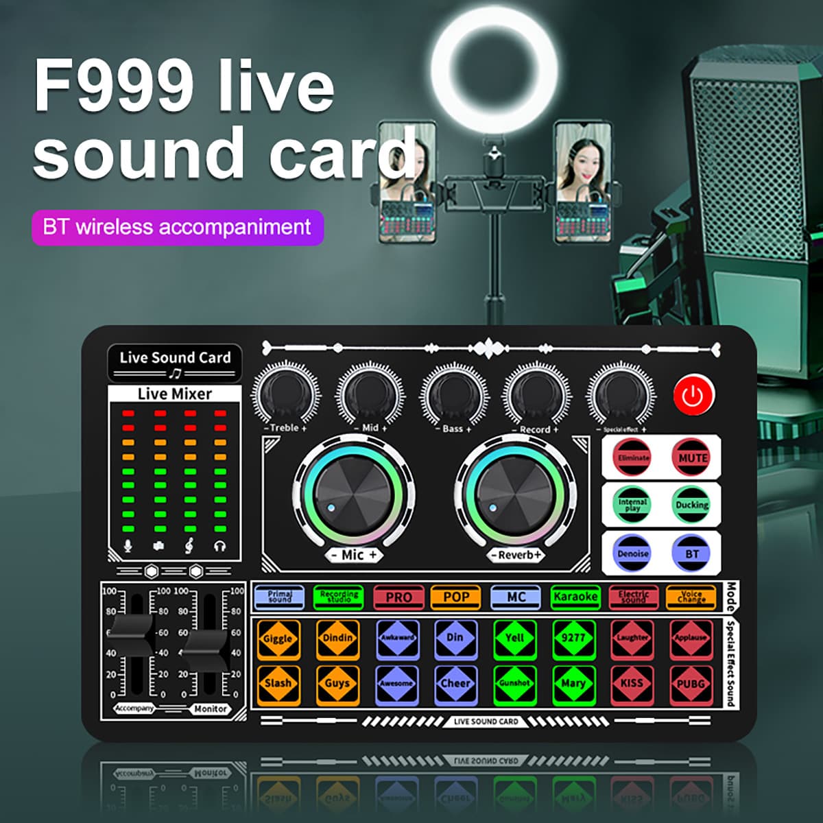 Cross-border F999 Live Sound Card Integrated Computer Karaoke Recording Professional Mixer Suite Equipment English Version