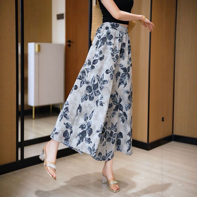 Vintage Print Ice Silk Skirt Pants for Women, Flowy, Slimming, Elastic Waist, Plus Size, Elastic Waist Midi Skirt Pants