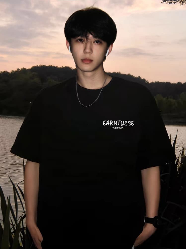 Heavy Black Short-Sleeved T-Shirt for Men, Summer American Simple Style Letter Print, Pure Cotton Half-Sleeve, Loose Plus Size, Trendy Brand T-Shirt