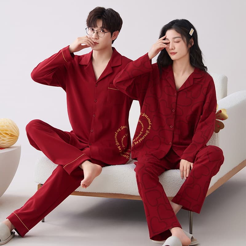 Bright Red Pajamas Wedding Newlywed Couples Set Men's Groom Women's Bride Pure Cotton Autumn/Winter Long-Sleeve Homewear