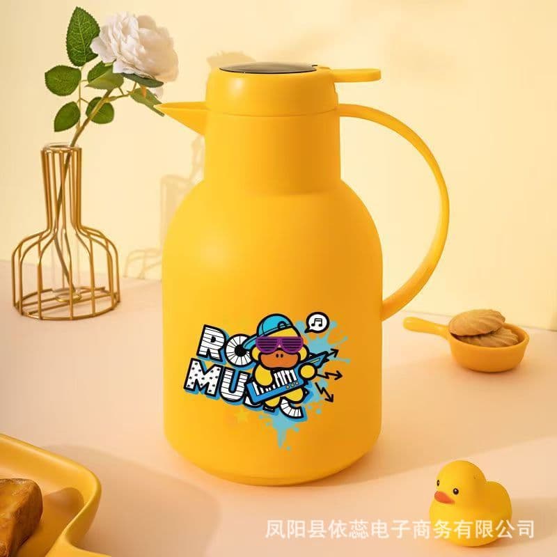 New product: Portable thermos flask for home, office, and car use; small thermos bottle with glass inner liner; cartoon style.