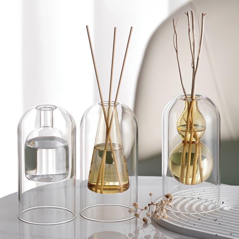 Casual Double-Layer Glass Aromatherapy Bottle for Home Living Room and Bedroom Essential Oil Volatile Bottle Rattan Dried Flower Decorative Ornaments Empty Bottle