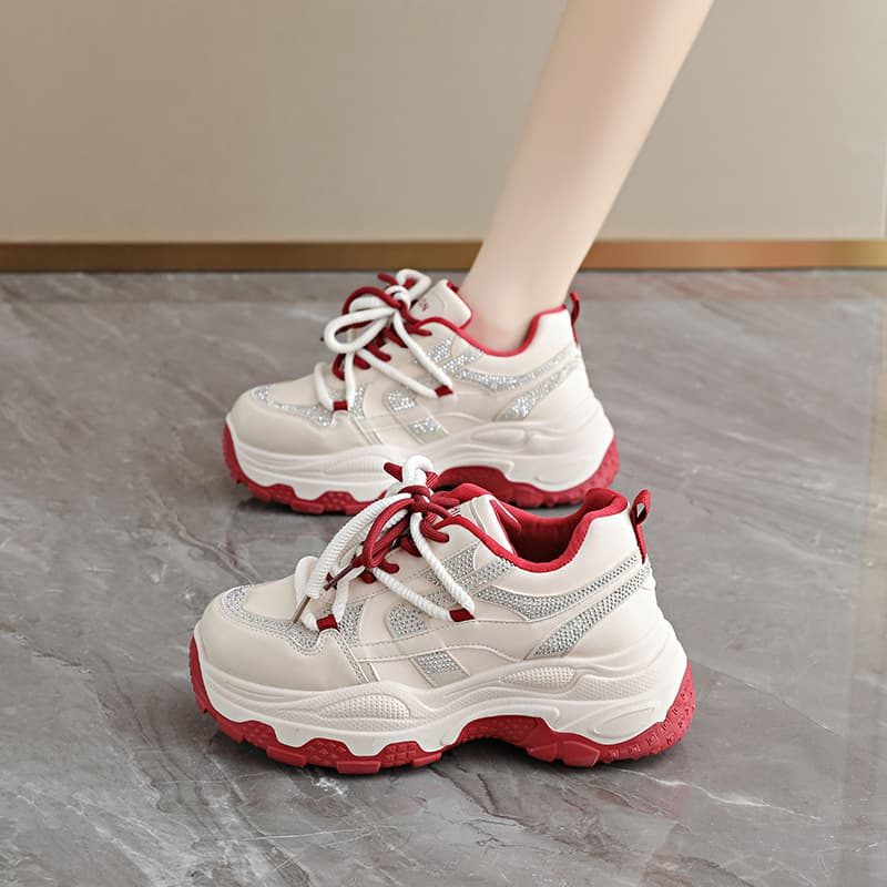 Small Height-Increasing Dad Sneakers for Women 2026 Spring/Autumn New Breathable Rhinestone Versatile Thick-Soled Athletic Shoes
