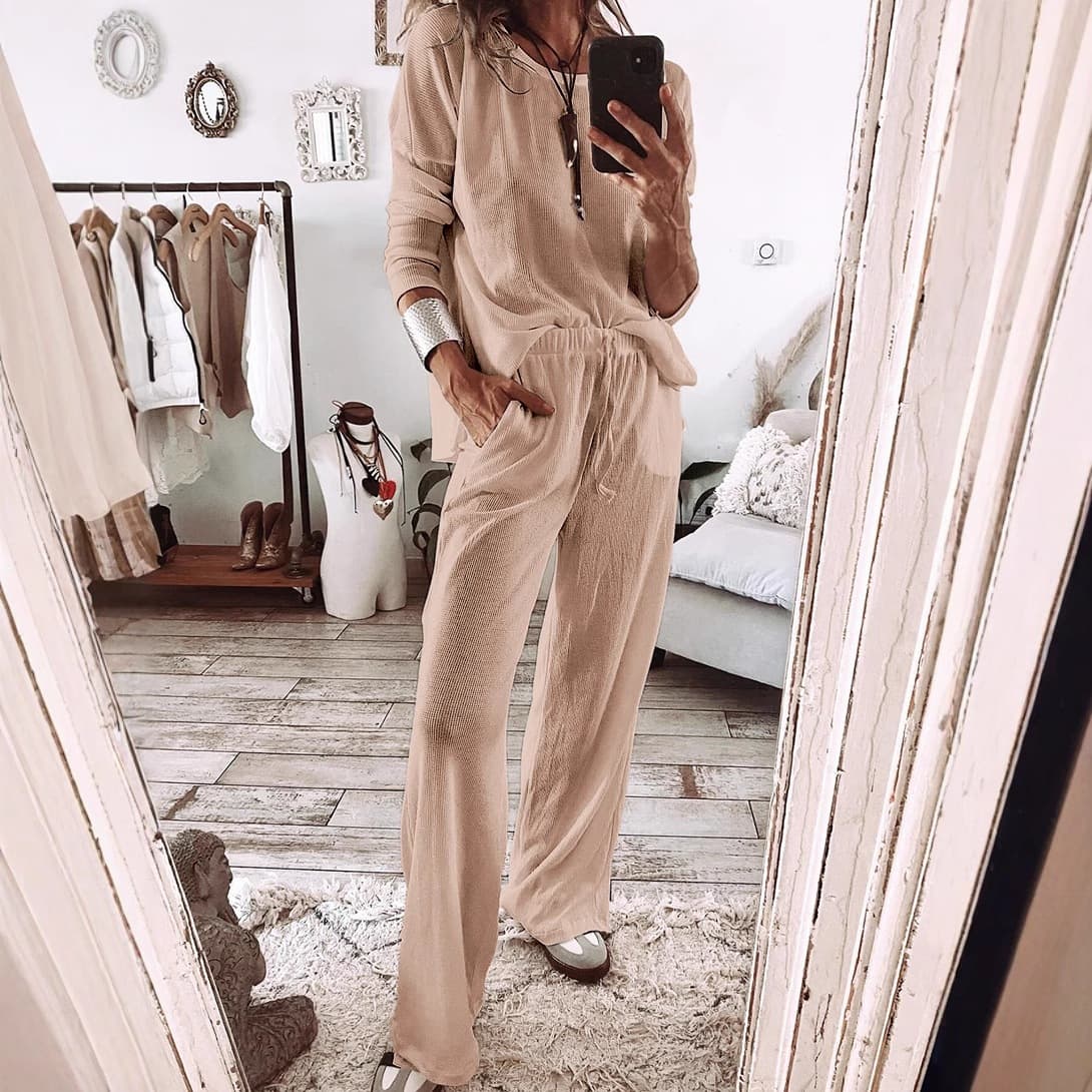 2026 European and American fashion long-sleeved two-piece suit with pockets for women cross-border hot sale winter new solid color casual suit for women