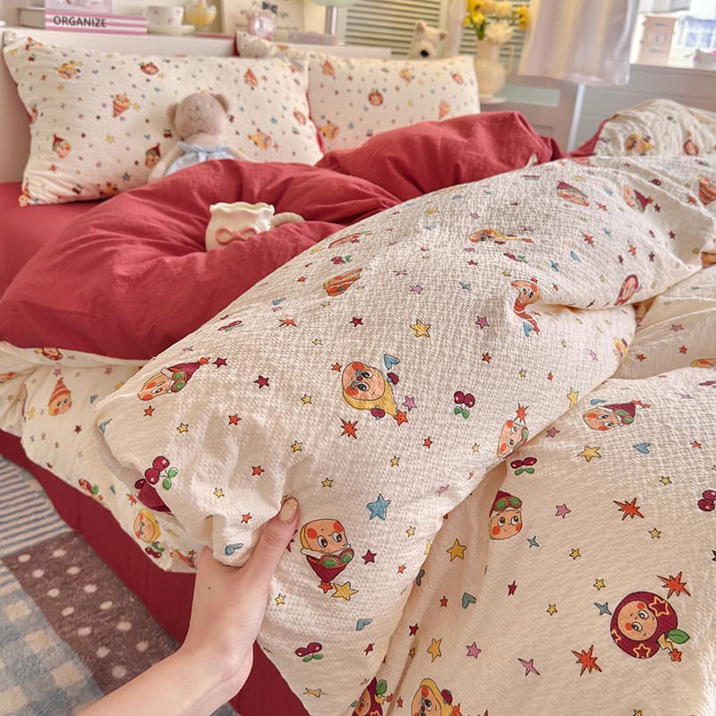 100% Cotton Naked Sleeping Puff Bedding Set, 4-Piece Set, INS Cartoon Style, Pure Cotton Fresh and Simple, 3-Piece Dormitory Set