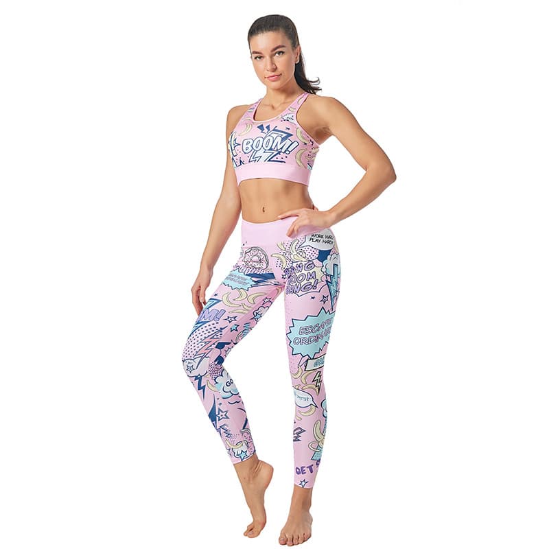 Hot-selling Cartoon Pattern Yoga Pants Letter Set, New European and American Style Sportswear Printed Yoga Outfit