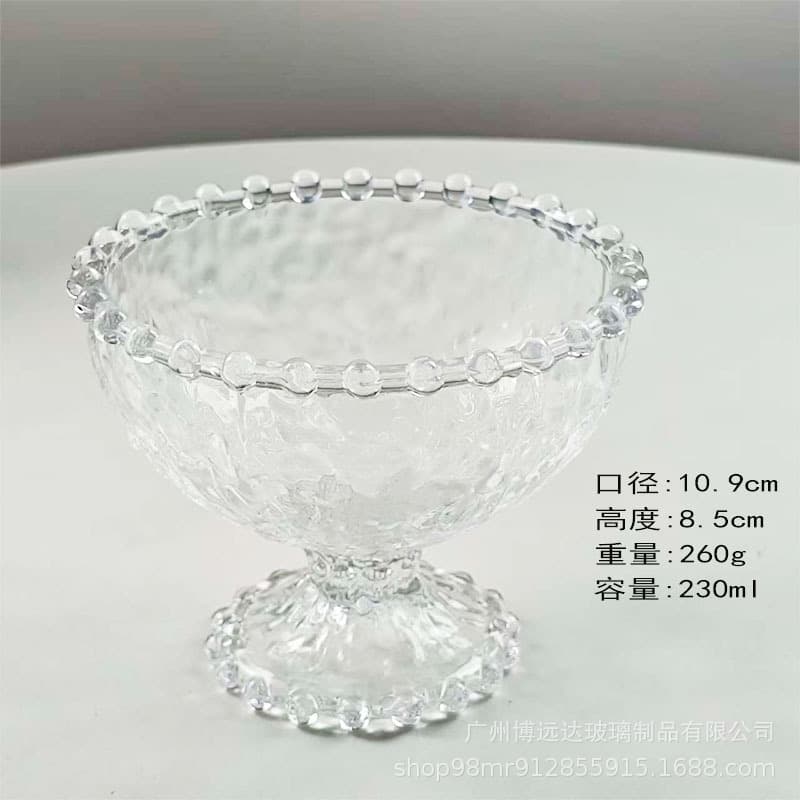 Short Glass Dessert Bowl with Beaded Rim, Unique Ice Cream Bowl, Sugar Water Bowl, Juice Cup, Cold Drink Cup, Dessert Bowl