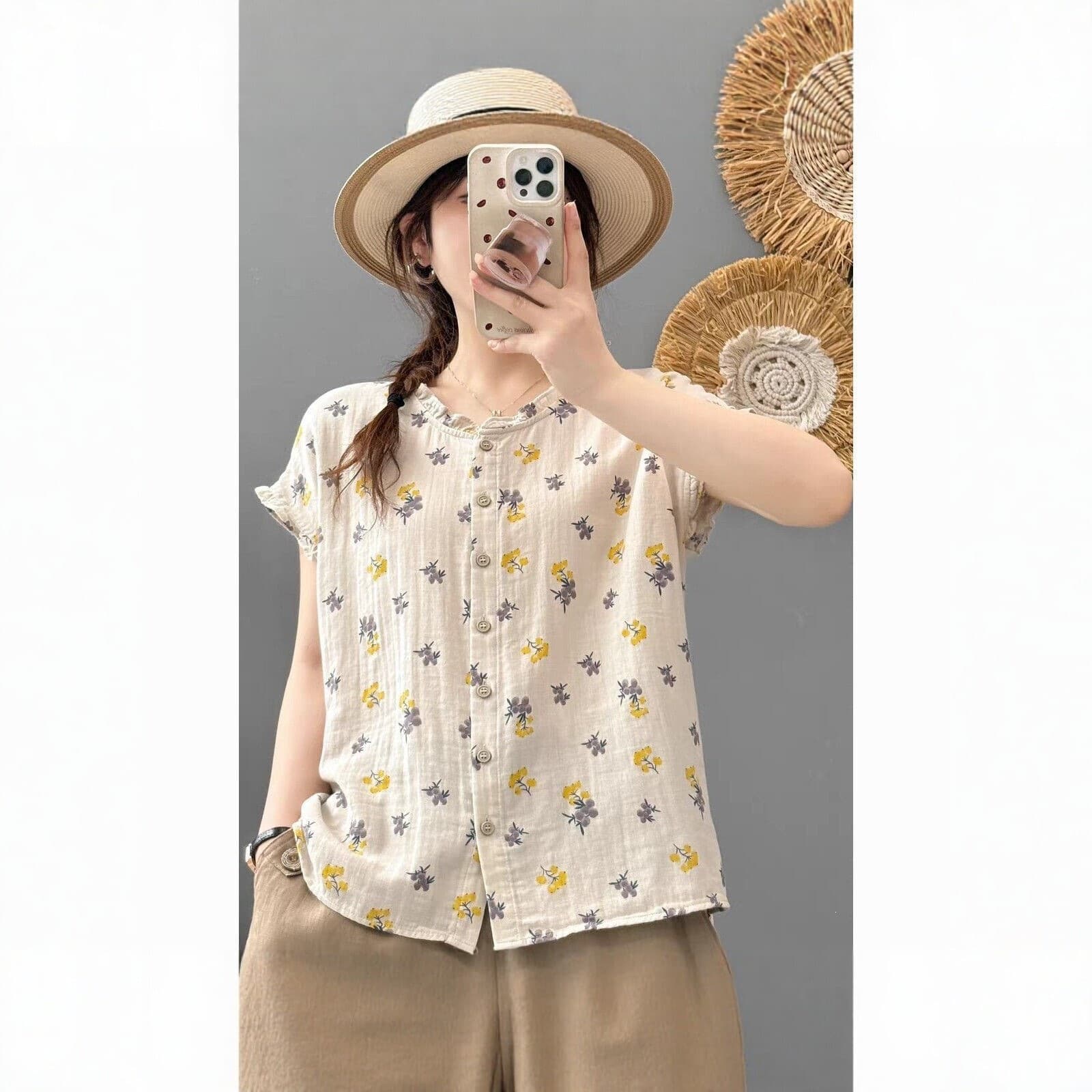 2026 Spring/Summer Floral Cotton Short-Sleeve Blouse for Women, Loose Artistic Style with Ruffle Round Neck