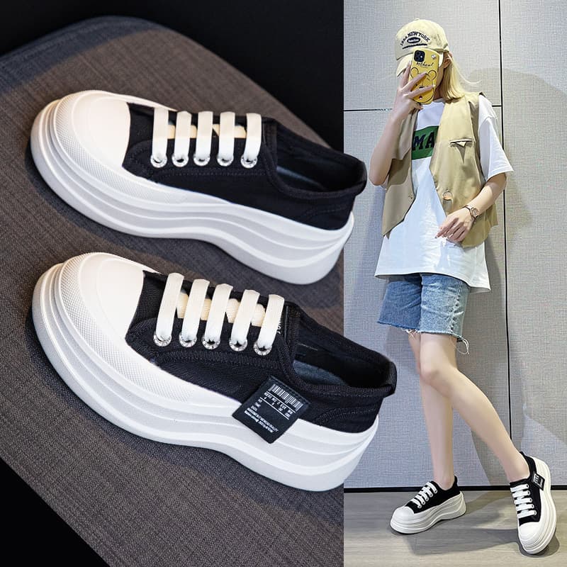 2025 Spring/Summer New Versatile Chunky Sole Height-Increasing Canvas Shoes White Shoes Women's Couple Style Casual Trendy Dad Shoes