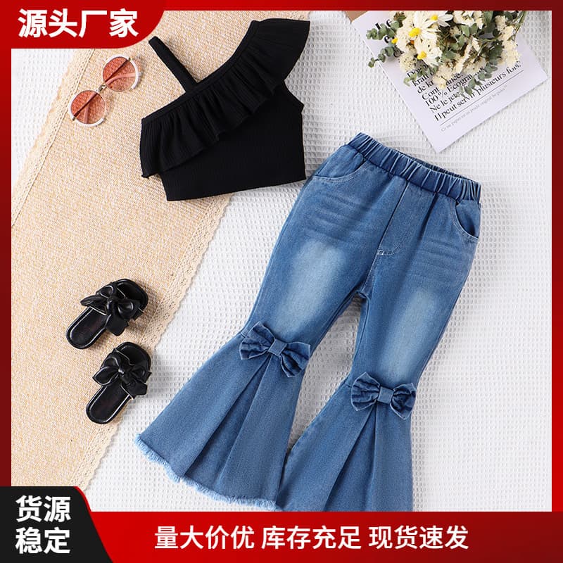 Cross-border ins spring hot-selling trousers suit for children and middle-aged children. Off-shoulder camisole top with flared jeans in stock.
