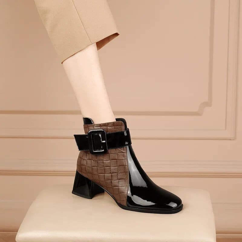 Women's Autumn Fleece-Lined Fashion Boots Thick Heel Square Toe Black Coffee Color Short Boots