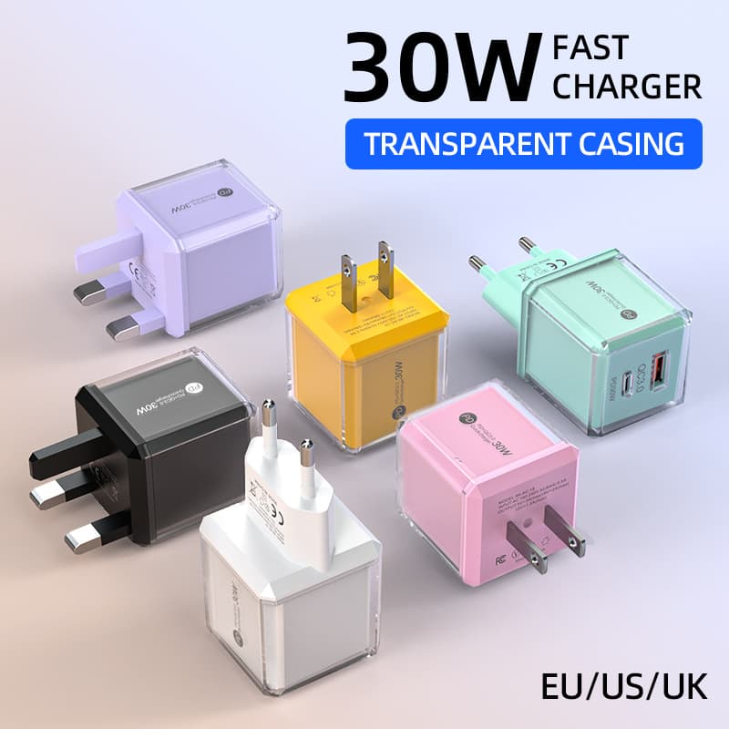 30w dual-port charging head, large ice cube A+C macaron transparent shell, fast charging, suitable for European and American Apple chargers