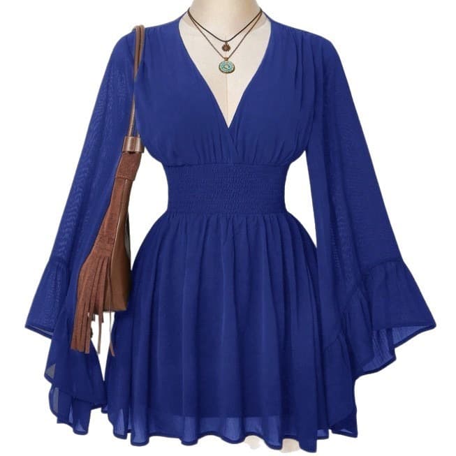 2026 New Fashion Deep V Waist-Tied Flared Sleeve Short Mesh Sexy Solid Top Bohemian Style