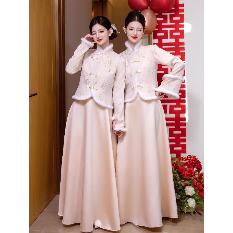 Long-sleeved Bridesmaid Dress 2026 New Year Party Wear, Chinese-style Champagne Color Bridesmaid Dress for Winter